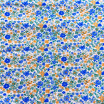 White cotton fabric with small blue, orange, and green ditsy floral print pattern.
