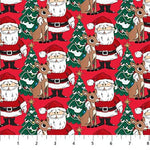 Red cotton fabric featuring Santa Claus, Rudolph the reindeer, and Christmas trees pattern