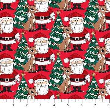 Red cotton fabric featuring Santa Claus, Rudolph the reindeer, and Christmas trees pattern