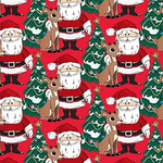 Red cotton fabric with Santa Claus, Rudolph reindeer, and Christmas trees pattern