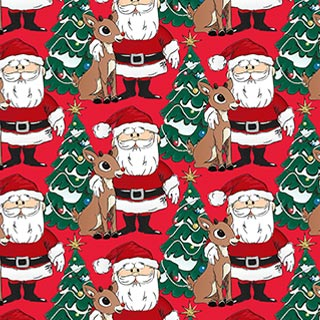 Red cotton fabric with Santa Claus, Rudolph reindeer, and Christmas trees pattern