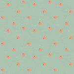 Mint green fabric with scattered small orange pumpkins and white speckles