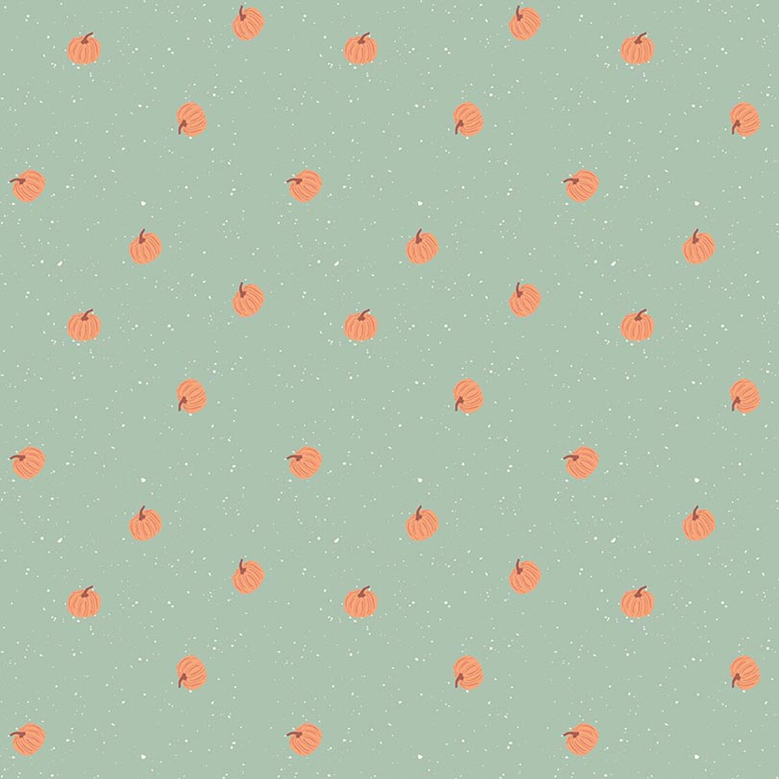 Mint green fabric with scattered small orange pumpkins and white speckles