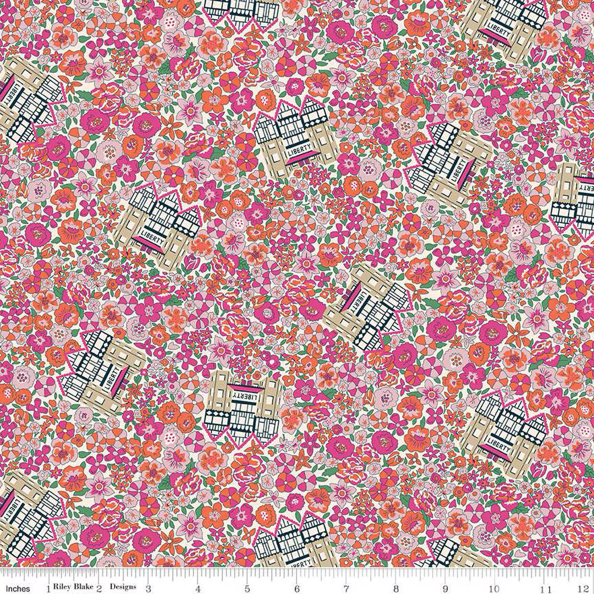 Liberty of London floral fabric with pink orange blooms and Tudor building motifs