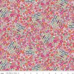 Liberty of London floral fabric with pink orange blooms and Tudor building motifs