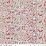 Cream quilting fabric with dense pink, purple, blue, and coral wildflower meadow print