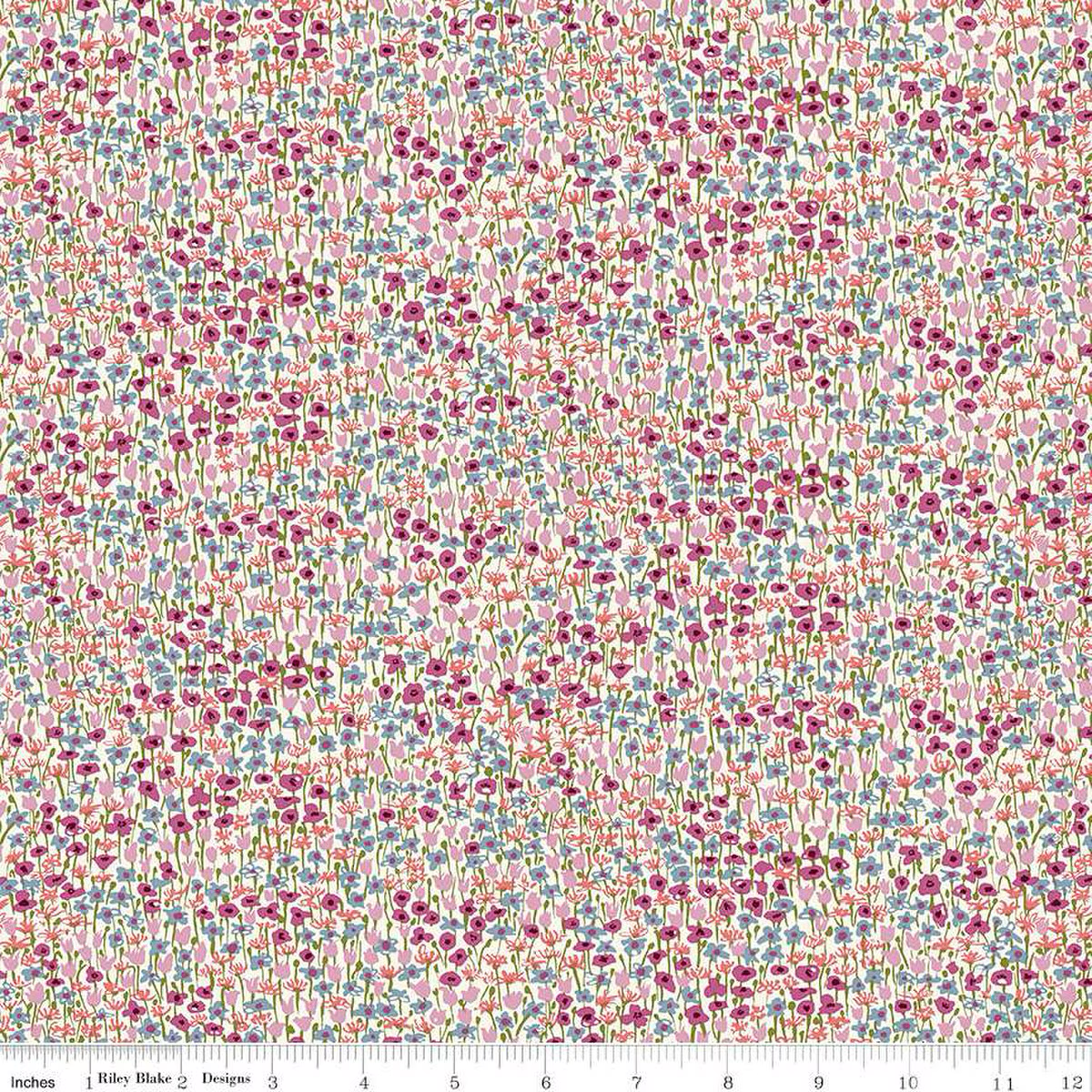 Cream quilting fabric with dense pink, purple, blue, and coral wildflower meadow print