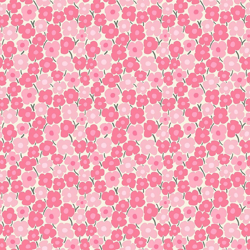 Dear Stella Flower Power fabric with dense pink and hot pink retro floral pattern on cream