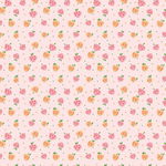 Pink fabric with scattered pink and orange raspberries, green leaves, and gold dots