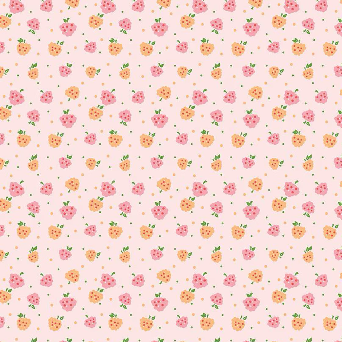 Pink fabric with scattered pink and orange raspberries, green leaves, and gold dots