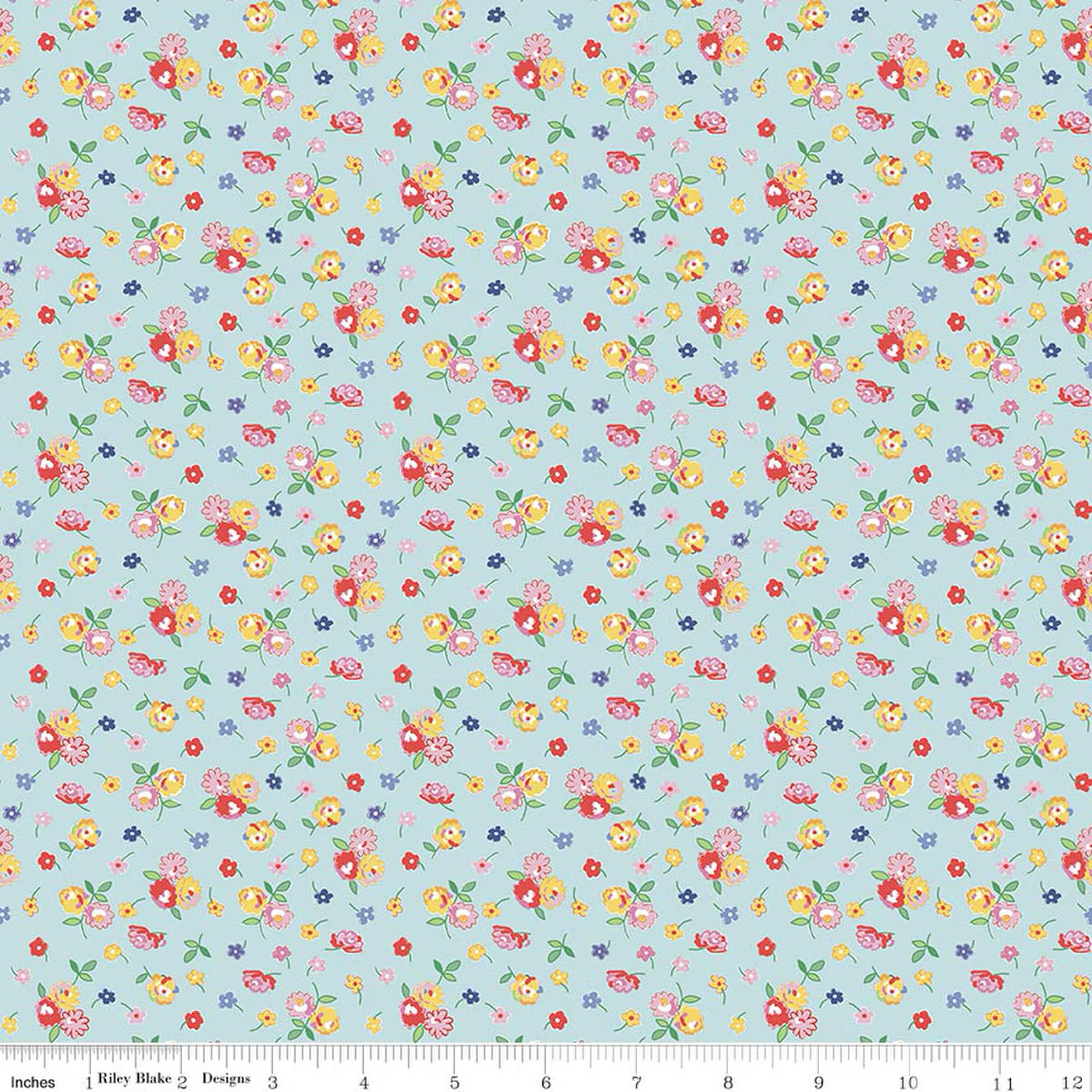 Light blue cotton fabric with scattered multicolor floral calico print by Riley Blake