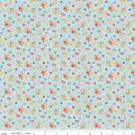 Light blue cotton fabric with scattered multicolor floral calico print by Riley Blake