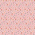 Pink cotton fabric with scattered multicolor small floral ditsy print pattern