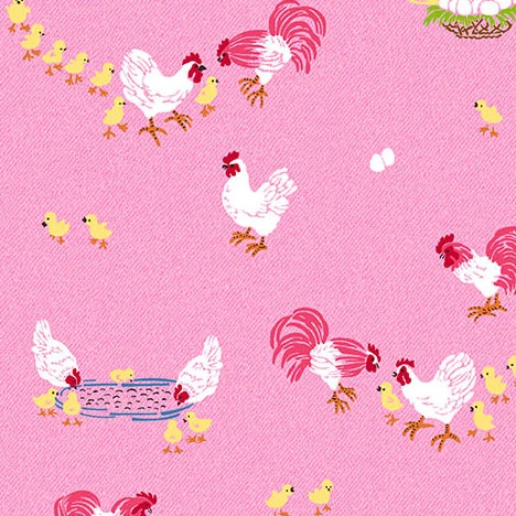 Pink cotton fabric with roosters, hens, chicks, and nest repeat pattern