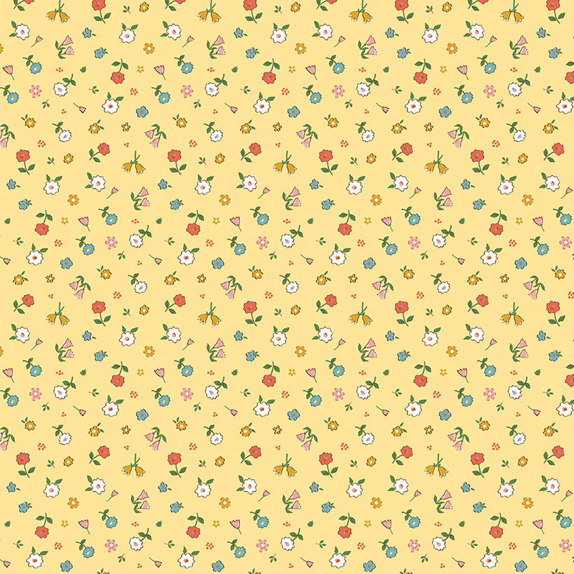 Yellow cotton fabric with scattered multicolor small floral ditsy print pattern