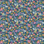 Navy blue fabric with scattered Christmas gifts, stars, bells, holly, and candy canes