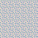 Periwinkle blue floral fabric with pink rosebuds, blue bows, and green leaves on cream