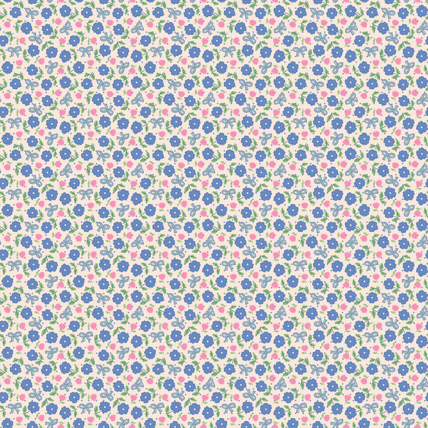 Periwinkle blue floral fabric with pink rosebuds, blue bows, and green leaves on cream