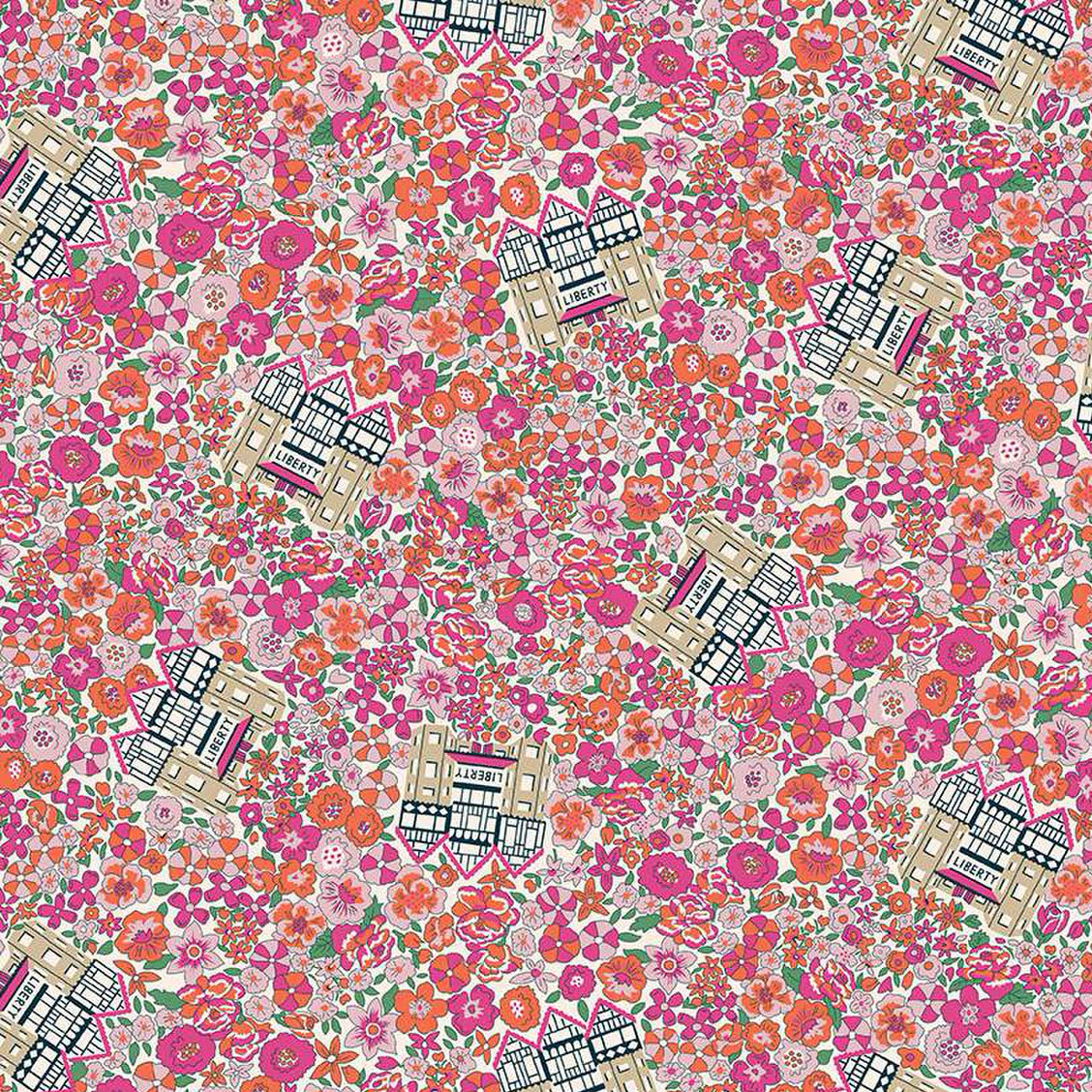 Liberty of London floral fabric with pink orange blooms and illustrated Tudor building motifs