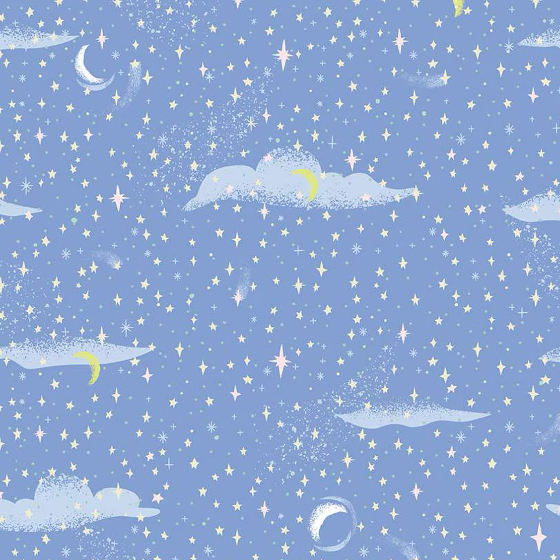 Periwinkle blue fabric with stars, crescent moons, clouds, and sparkles allover pattern
