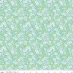 Teal cotton fabric with dense white and yellow floral print pattern