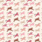 Cream fabric with pink and brown illustrated galloping horses in various patterns