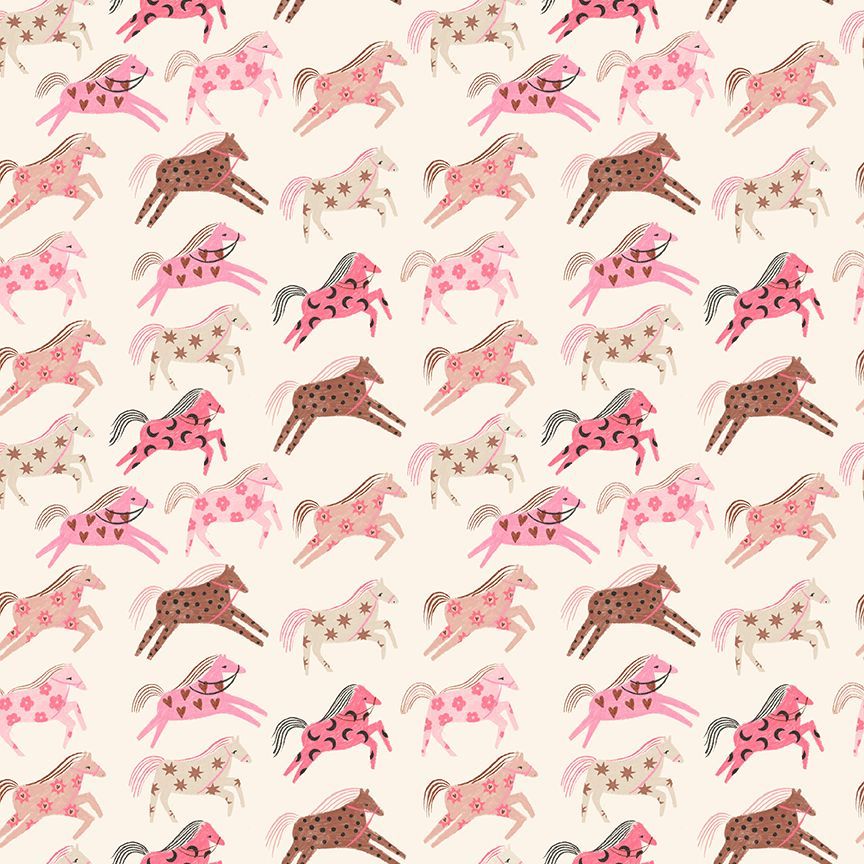 Cream fabric with pink and brown illustrated galloping horses in various patterns