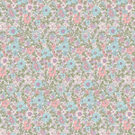 Pastel floral fabric with pink, blue, lavender blooms and sage green leaves on white