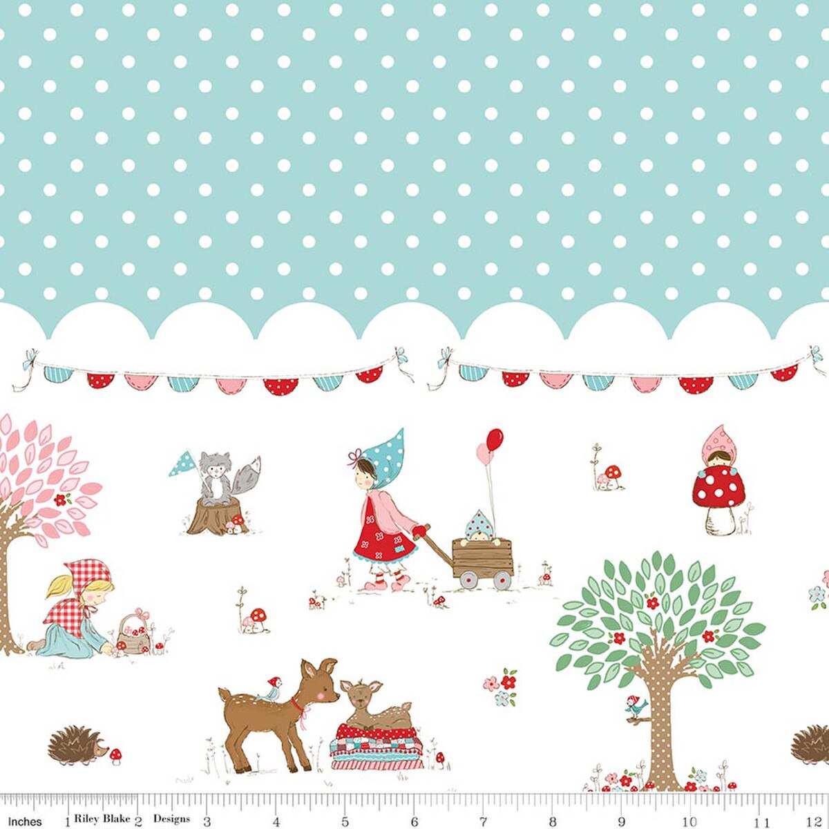 Aqua polka dot and white woodland scene double border quilting fabric by Riley Blake