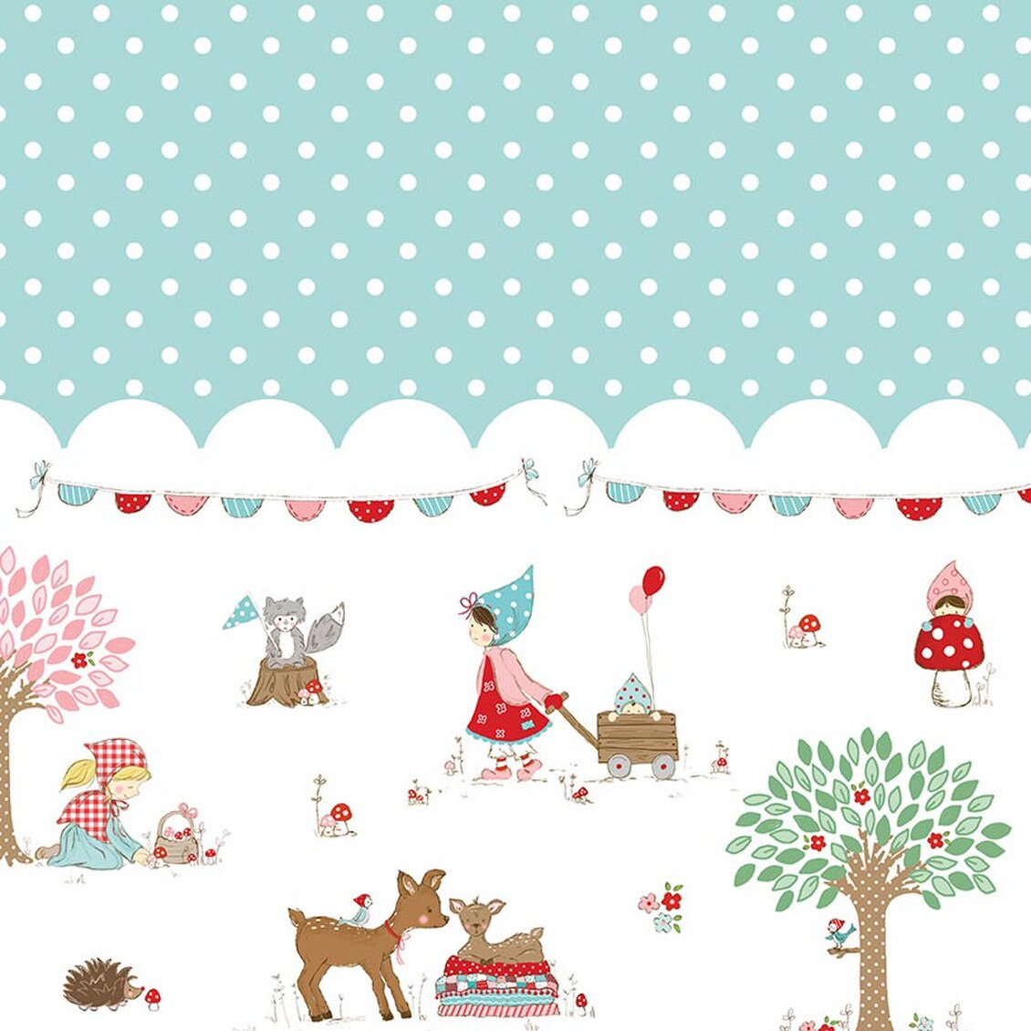 Double border fabric with aqua polka dots and whimsical woodland scene with children and animals