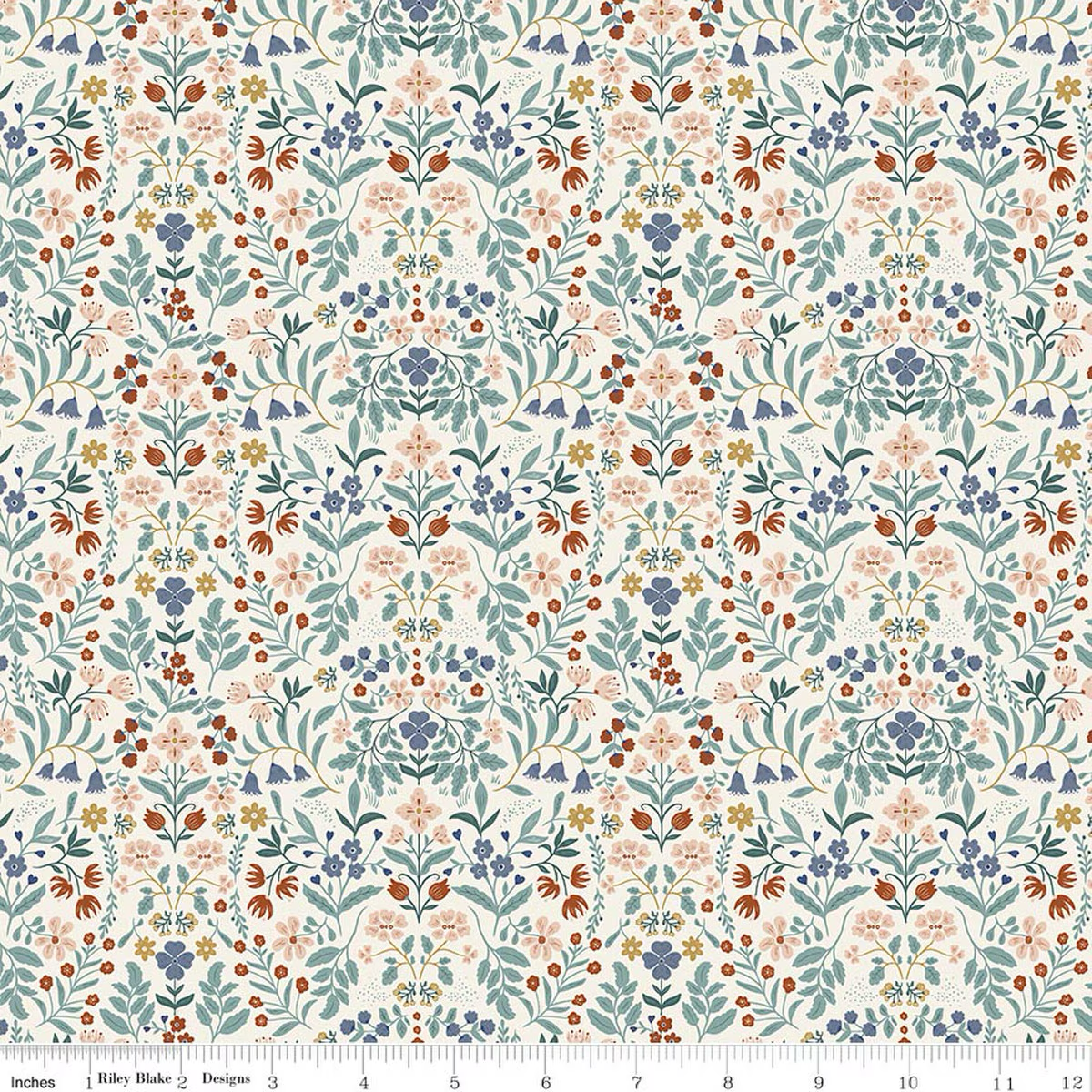Cream cotton fabric with multicolor floral damask pattern in blue, pink, and rust tones.