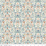 Cream cotton fabric with multicolor floral damask pattern in blue, pink, and rust tones.