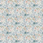 Woodland Willow Field of Dreams fabric with dense pastel floral meadow on white background