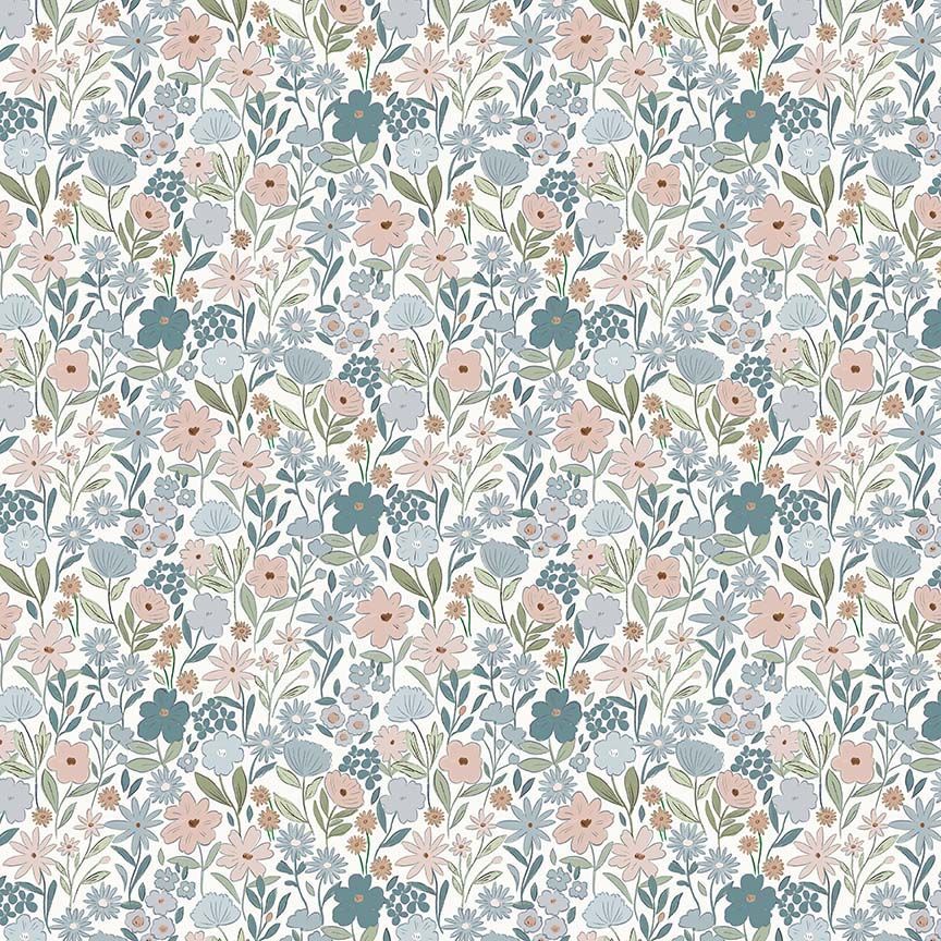 Woodland Willow Field of Dreams fabric with dense pastel floral meadow on white background