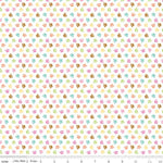White cotton fabric with multicolor pastel cat paw prints scattered allover pattern