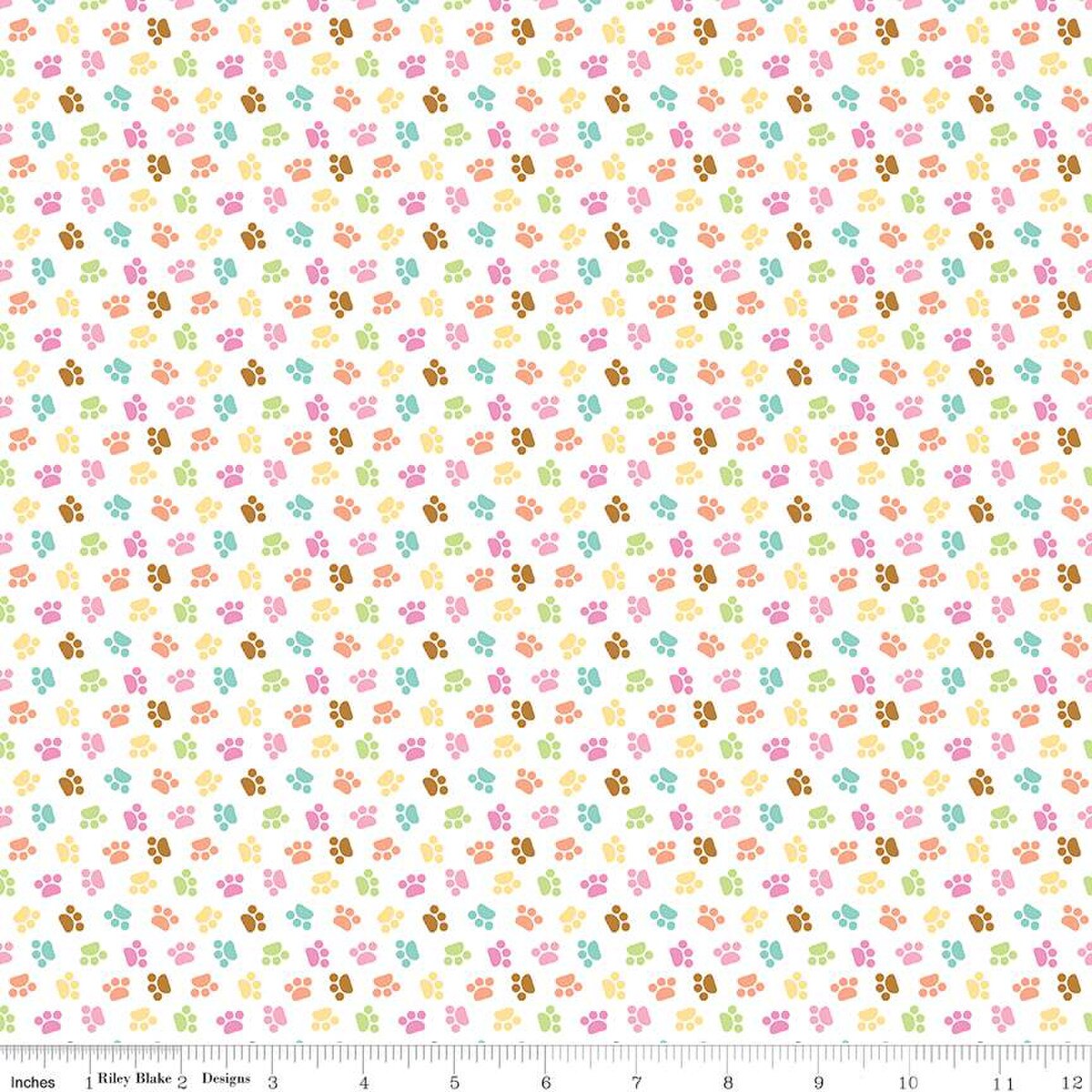 White cotton fabric with multicolor pastel cat paw prints scattered allover pattern