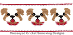 Smocking plate featuring three tan bulldog faces with red bows on white fabric