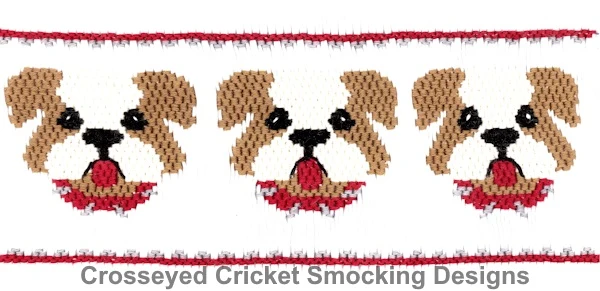 Smocking plate featuring three tan bulldog faces with red bows on white fabric