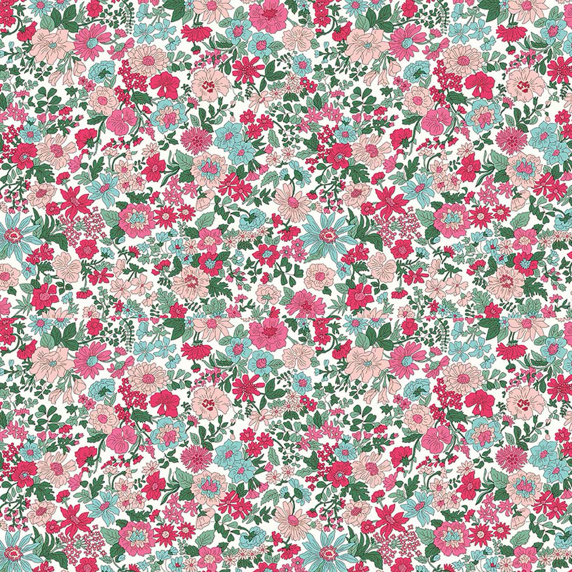 Riley Blake Emily Annabelle G fabric with dense pink, teal, and green floral print on white