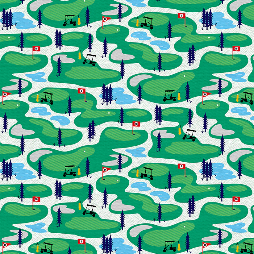 Green golf course fabric with carts, flags, trees, and water hazards in repeat pattern