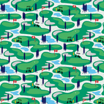 Green golf course fabric with carts, flags, trees, and water hazards in repeat pattern