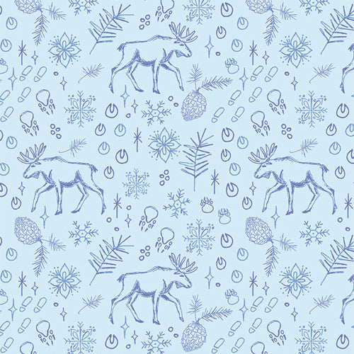 Light blue fabric with blue moose, snowflakes, pine cones, and forest motifs