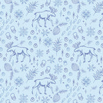 Light blue fabric with blue moose, snowflakes, pine cones, and forest motifs