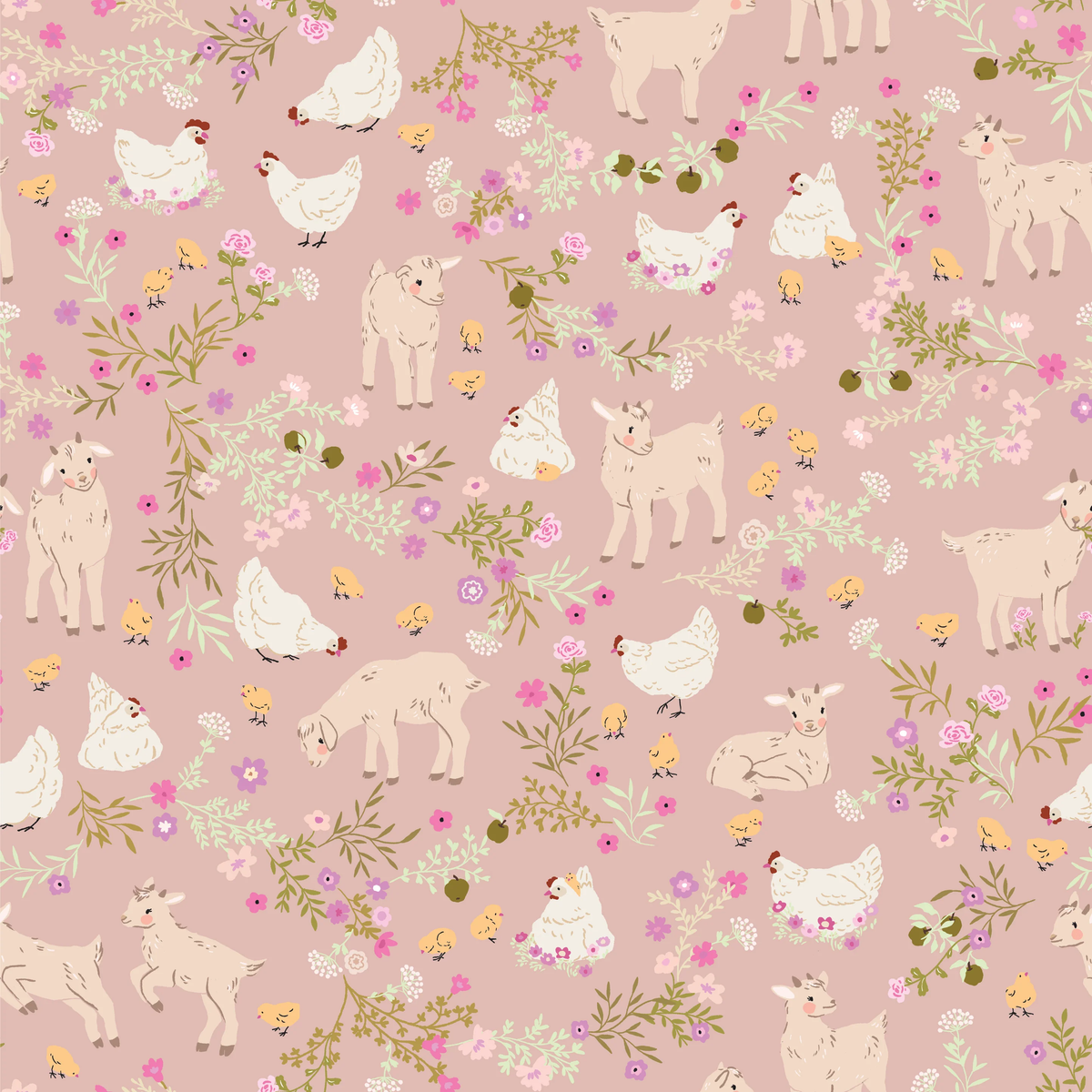 Rose pink fabric with baby goats, hens, chicks, and pink florals scattered throughout.
