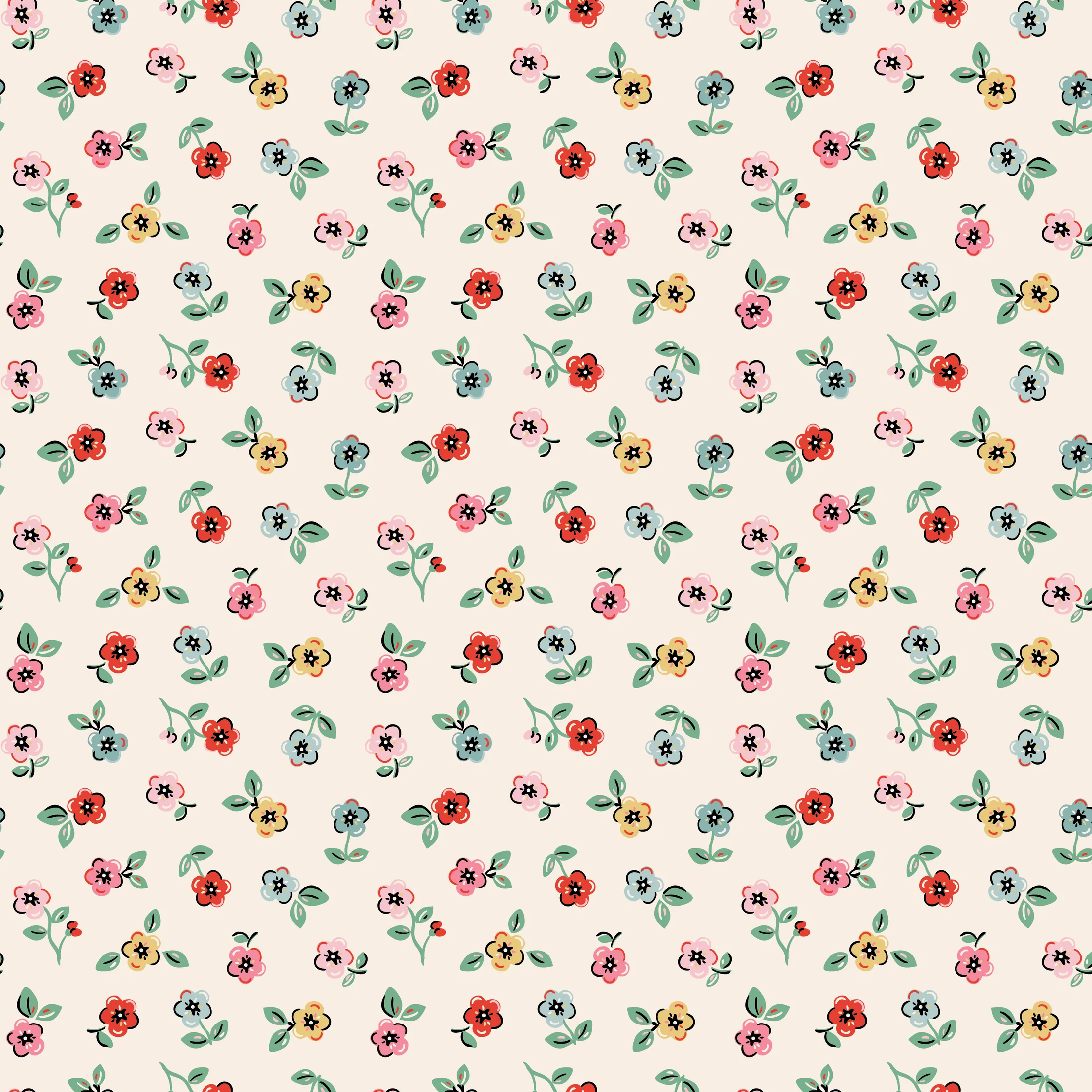 Cream fabric with scattered small multicolor floral ditsy print in red, pink, yellow, and blue