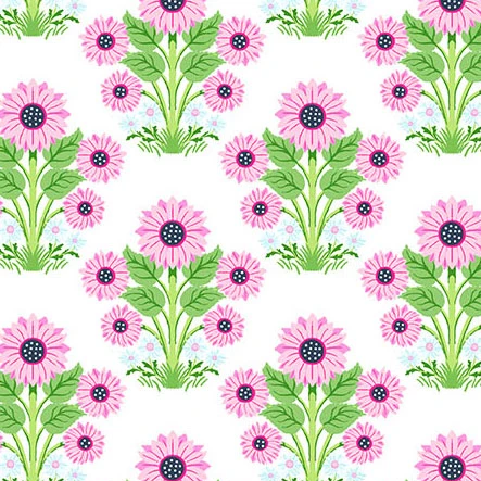 Pink daisy floral bouquet repeat pattern on white cotton quilting fabric