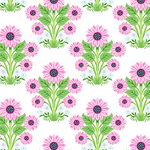 Pink daisy floral bouquet repeat pattern on white cotton quilting fabric