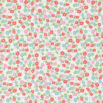 White cotton fabric with scattered small red pink and blue floral ditsy print