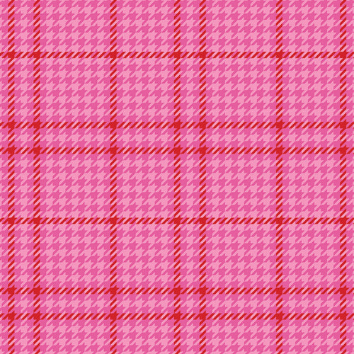 Pink and red houndstooth plaid flannel fabric with bold tartan grid lines