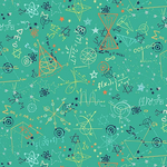 Teal cotton fabric with scattered math and science formulas, atoms, stars, geometric shapes